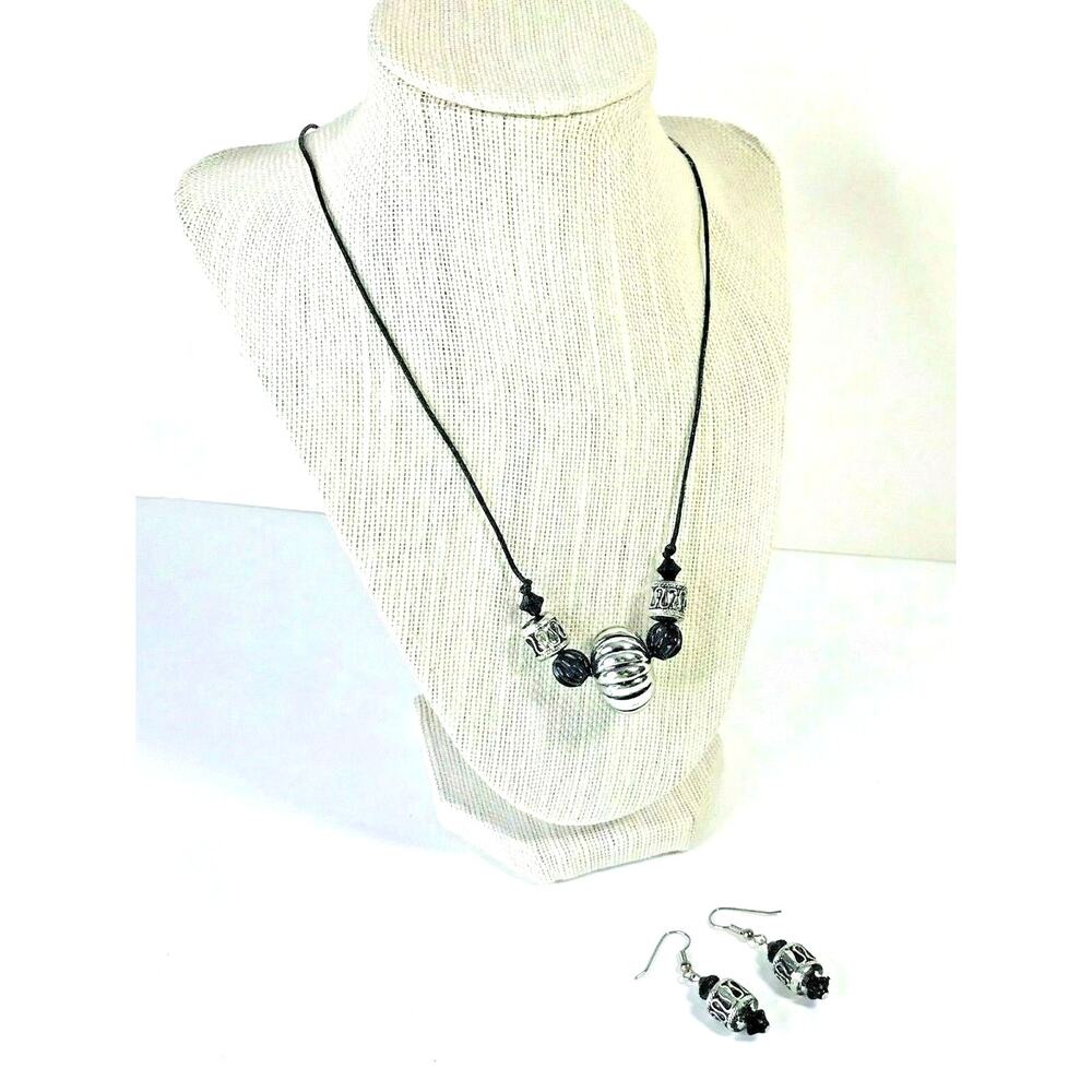 Vintage Necklace and Dangle Earrings Set Chunky Beaded Black and Silver-tone
